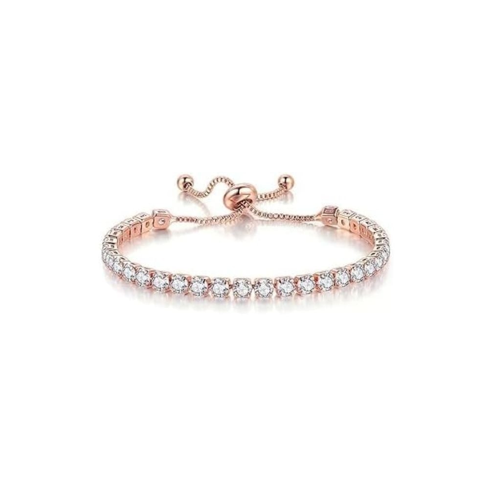 18K Rose Gold 3 Set Created White Sapphire Round Necklace Earrings And Tennis Bracelet Plated Image 4