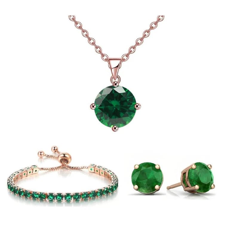 18K Rose Gold 3 Set Created Emerald Sapphire Round Necklace Earrings And Tennis Bracelet Plated Image 1