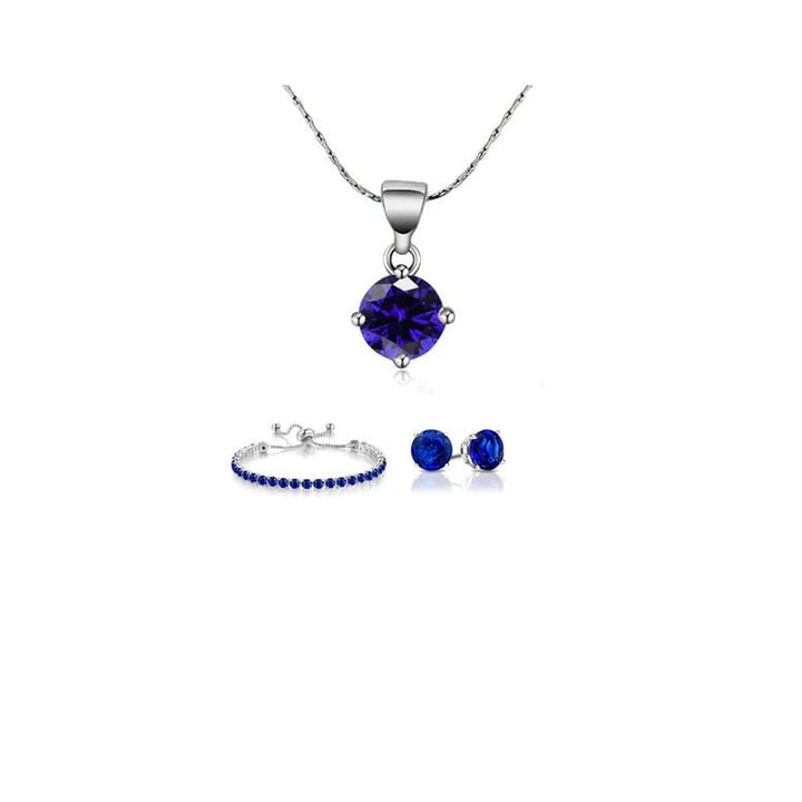 18K White Gold 3 Set Created Blue Sapphire Round Necklace Earrings And Tennis Bracelet Plated Image 1