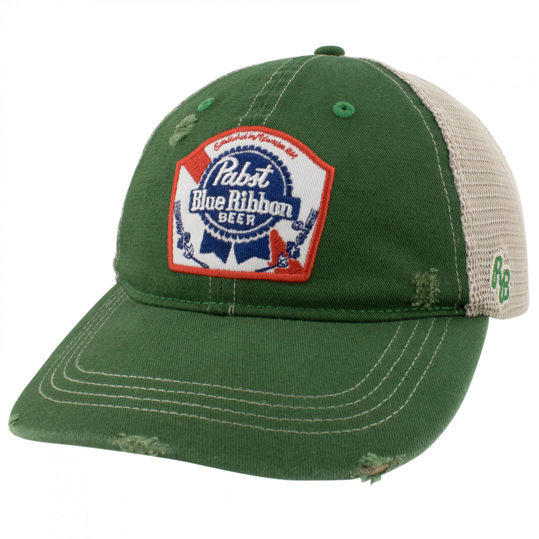 Pabst Blue Ribbon Embroidered Logo Distressed Green Denim Trucker Hat Image 1