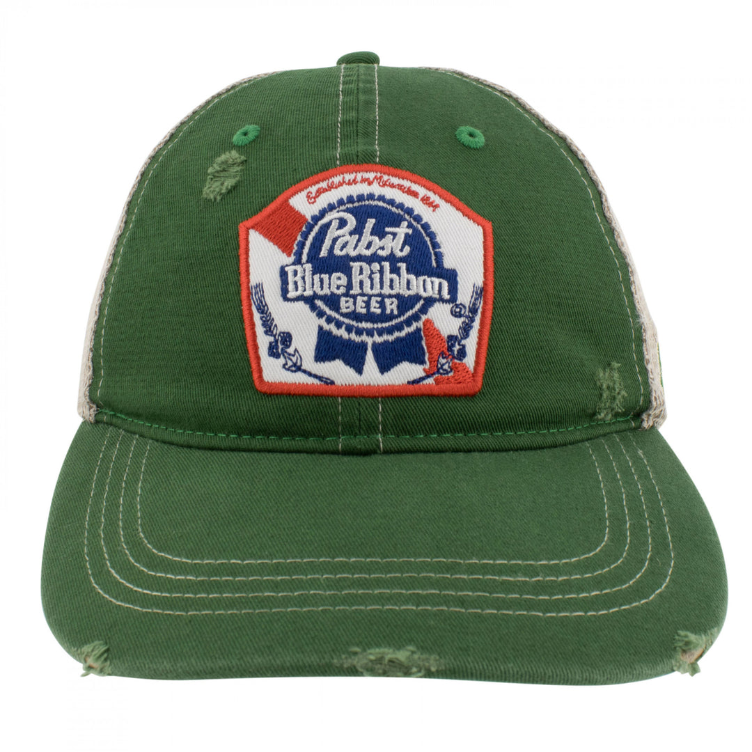 Pabst Blue Ribbon Embroidered Logo Distressed Green Denim Trucker Hat Image 2