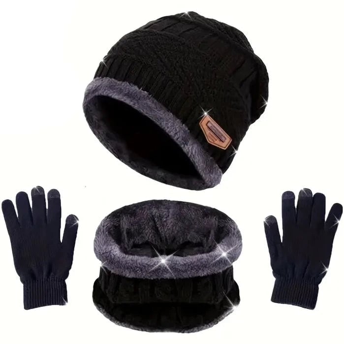 3-Piece Set: Black Knit Hats Warm Beanies Winter Neck Gaiter Elastic Gloves Image 1