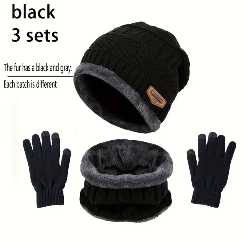 3-Piece Set: Black Knit Hats Warm Beanies Winter Neck Gaiter Elastic Gloves Image 2