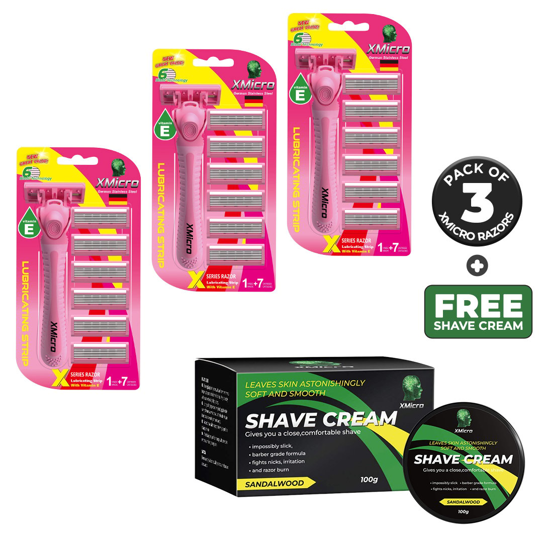 XMicro Pink Razors for Women Pack of 3 with Free Shaving Cream Hypoallergenic Image 1