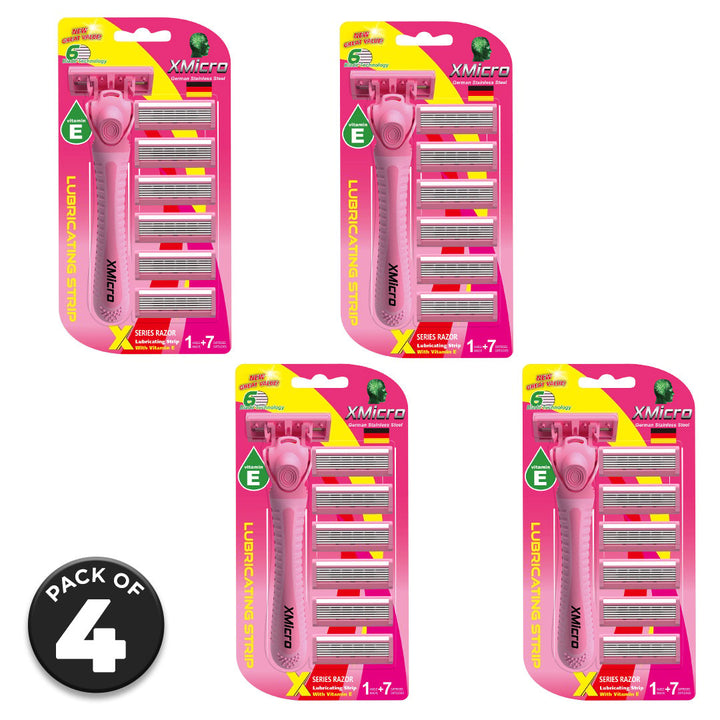 XMicro Pink Razors for Women Pack of 4 with 6 Blades and Vitamin E Strip Image 9