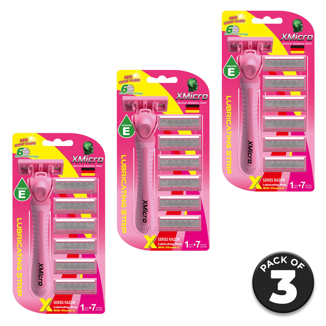 XMicro Pink Razors for Women Pack of 3 with 6 Blades Vitamin E and Grip Handle Image 1