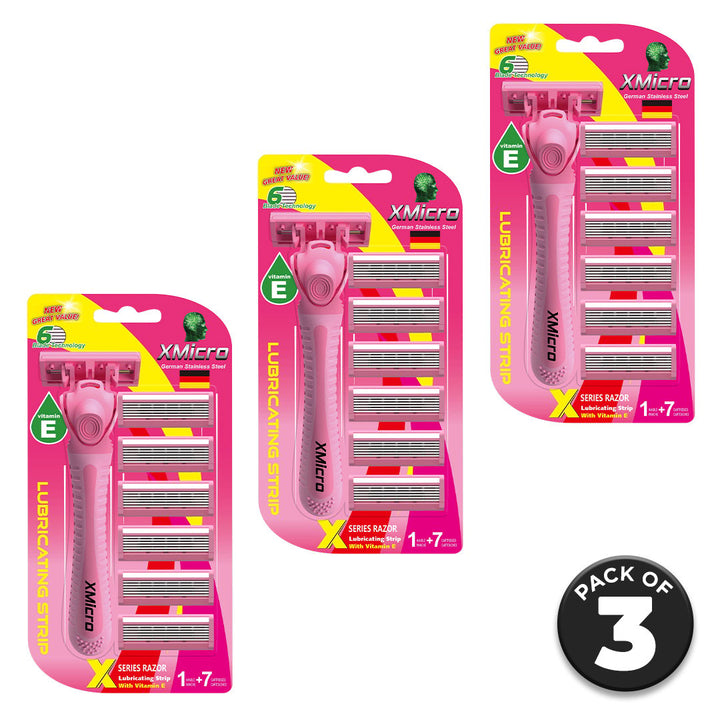 XMicro Pink Razors for Women Pack of 3 with 6 Blades Vitamin E and Grip Handle Image 1