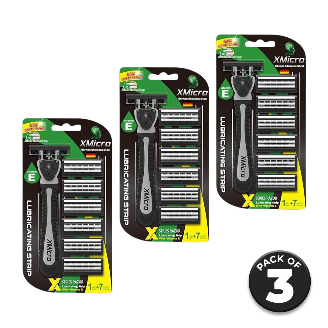 XMicro Black Razors for Men Pack of 3 with 6 Antifriction Blades and Refills Image 1