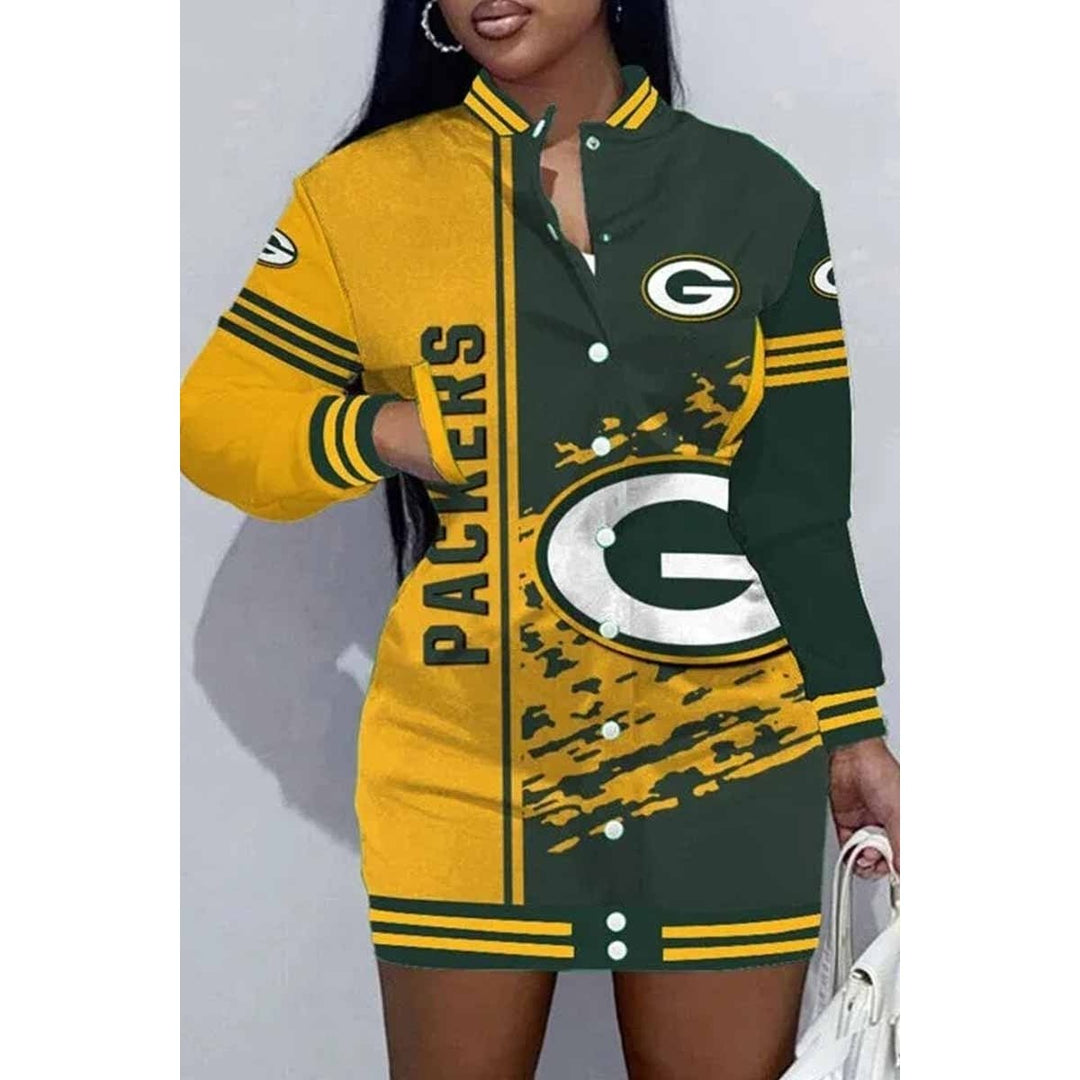 Green Bay Football Sports Casual Vintage Print Patchwork Mandarin Collar One Step Skirt Dress Image 1