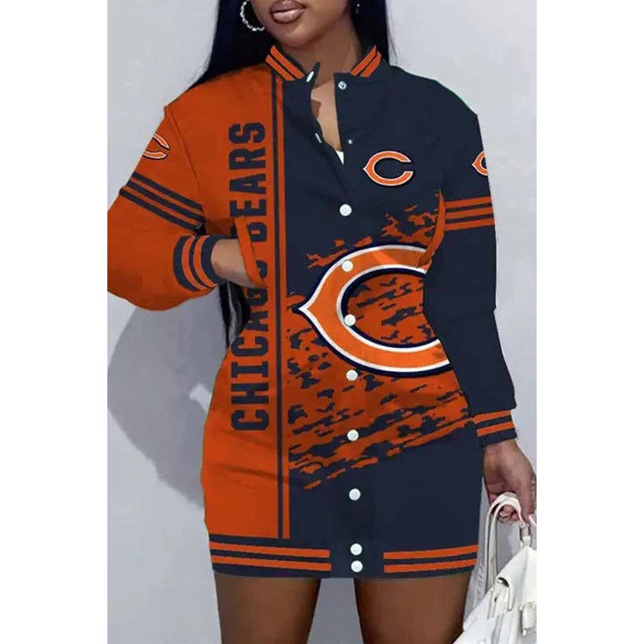 Green Bay Football Sports Casual Vintage Print Patchwork Mandarin Collar One Step Skirt Dress Image 3