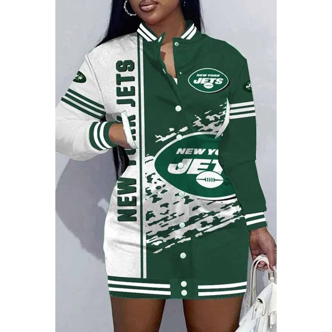 Green Bay Football Sports Casual Vintage Print Patchwork Mandarin Collar One Step Skirt Dress Image 9