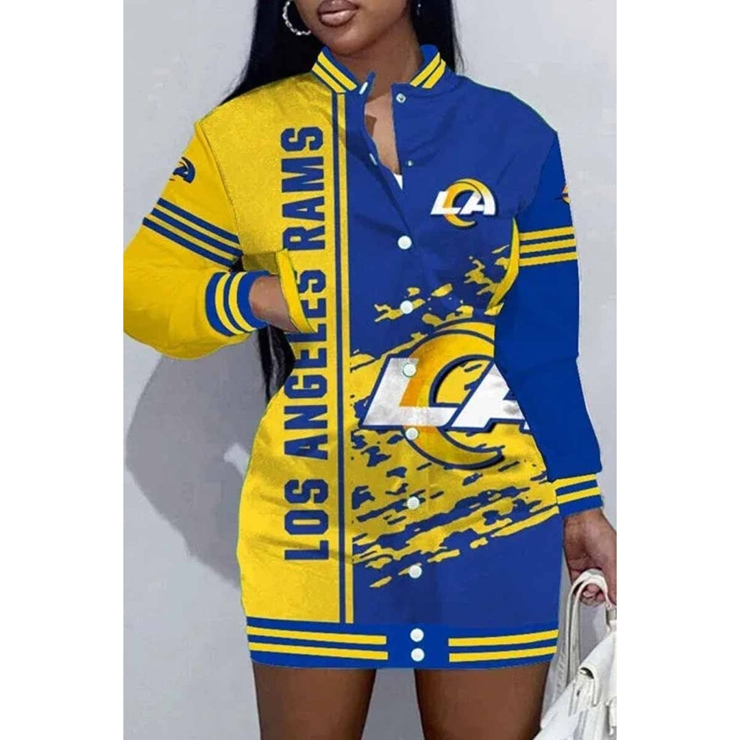 Los Angeles Football Sports Casual Vintage Print Patchwork Mandarin Collar One Step Skirt Dress Image 1