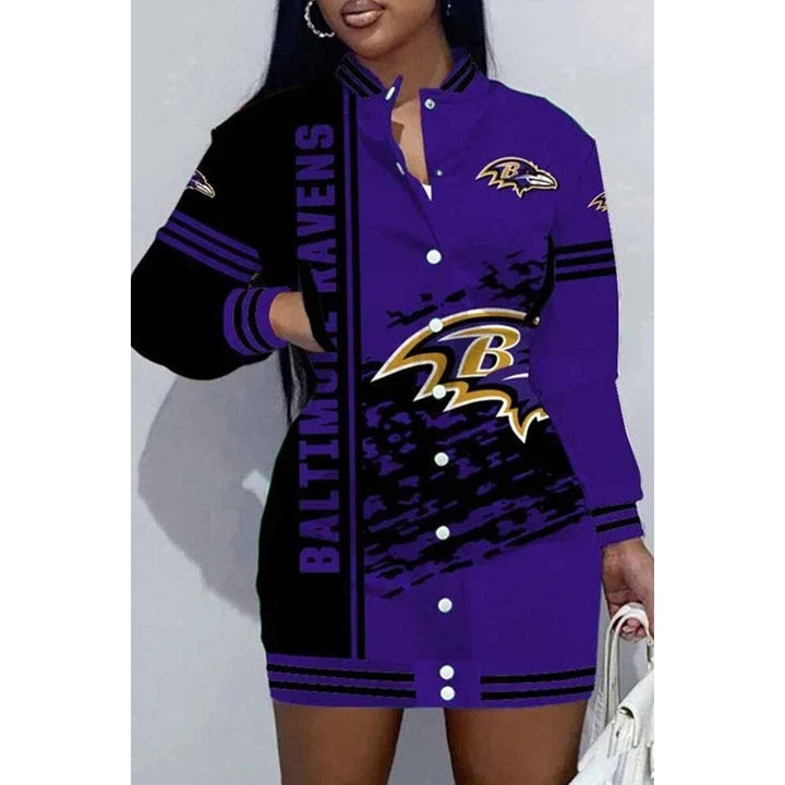 Los Angeles Football Sports Casual Vintage Print Patchwork Mandarin Collar One Step Skirt Dress Image 2