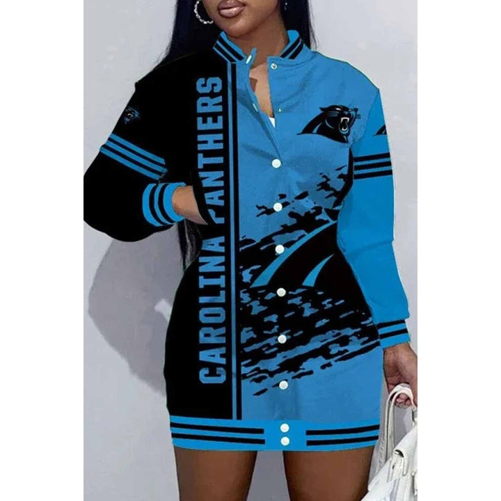 Los Angeles Football Sports Casual Vintage Print Patchwork Mandarin Collar One Step Skirt Dress Image 3