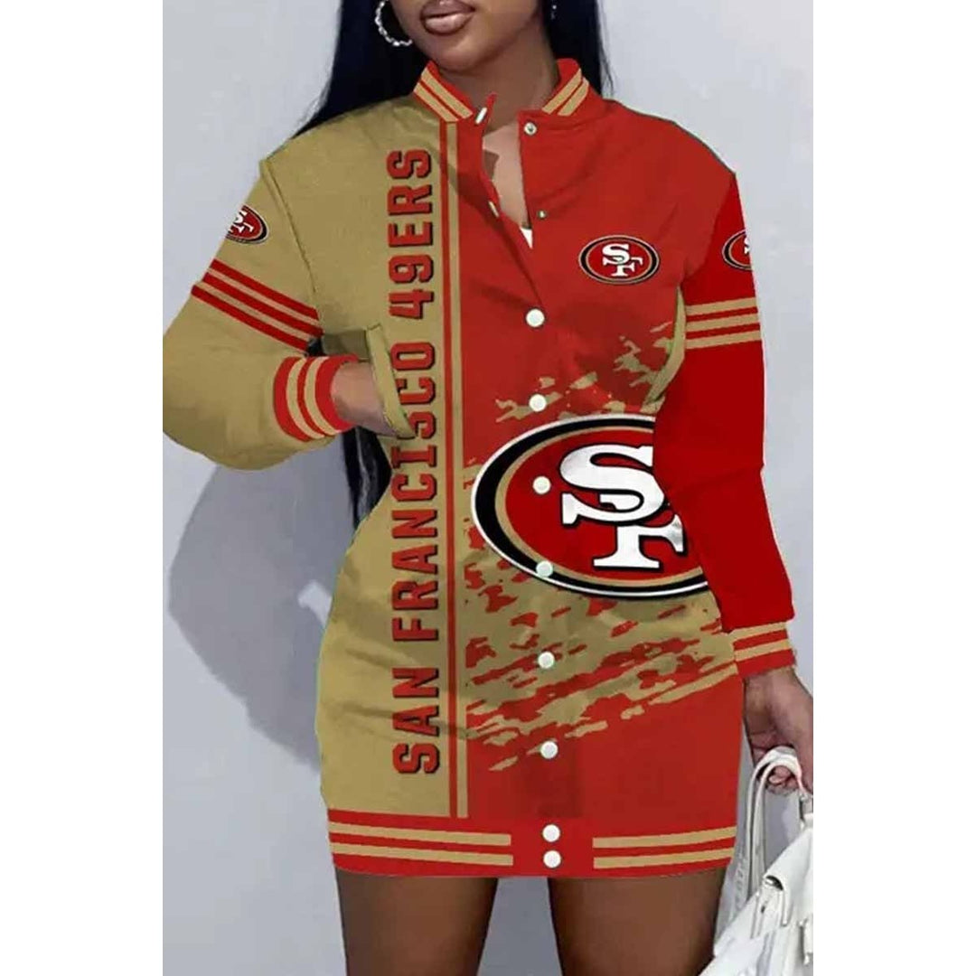 Los Angeles Football Sports Casual Vintage Print Patchwork Mandarin Collar One Step Skirt Dress Image 4