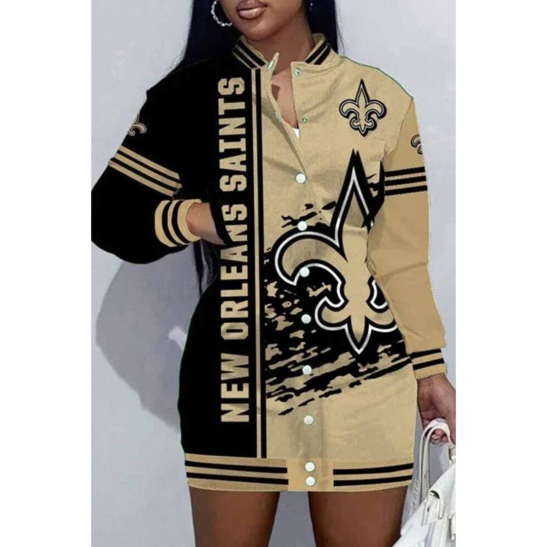 Los Angeles Football Sports Casual Vintage Print Patchwork Mandarin Collar One Step Skirt Dress Image 7