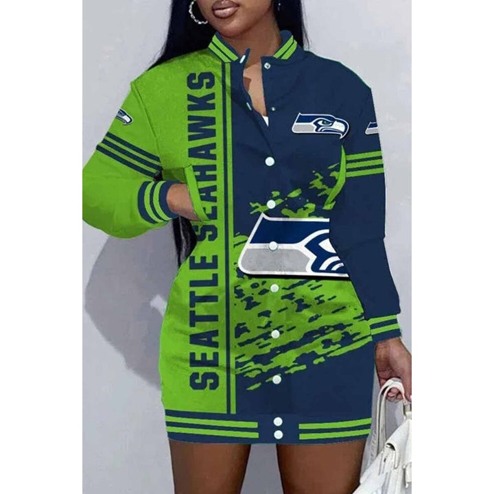 Green Bay Football Sports Casual Vintage Print Patchwork Mandarin Collar One Step Skirt Dress Image 11