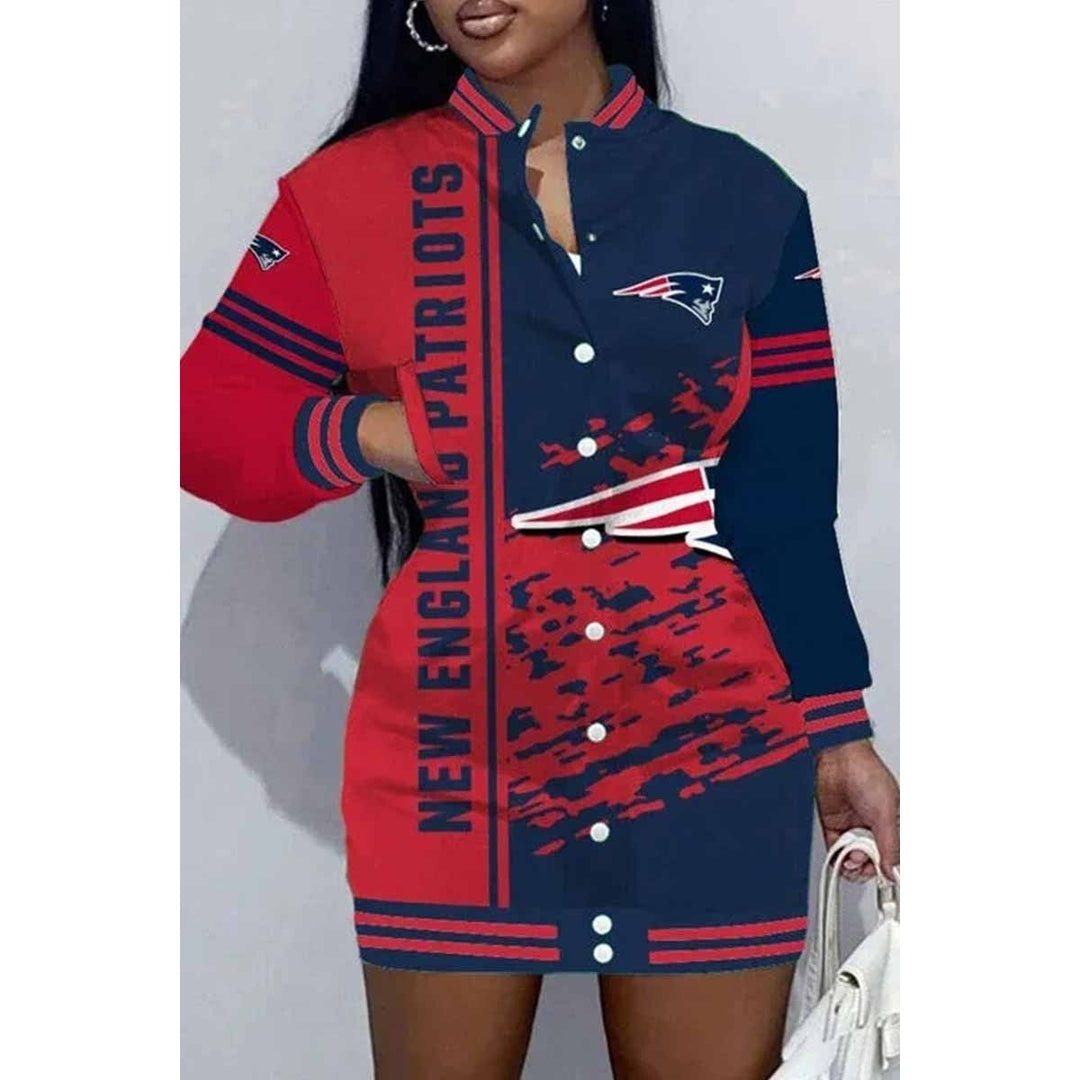 Los Angeles Football Sports Casual Vintage Print Patchwork Mandarin Collar One Step Skirt Dress Image 9