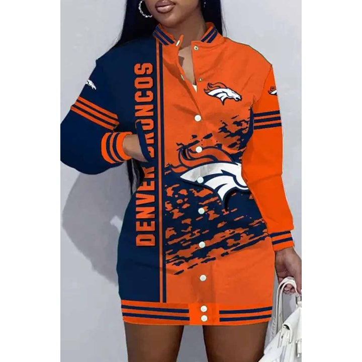 Los Angeles Football Sports Casual Vintage Print Patchwork Mandarin Collar One Step Skirt Dress Image 11