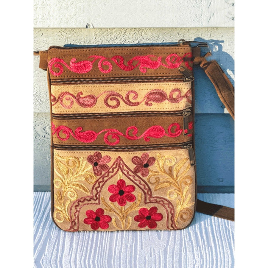 Beige And Red Suede Embroidered Crossbody Bag Image 1