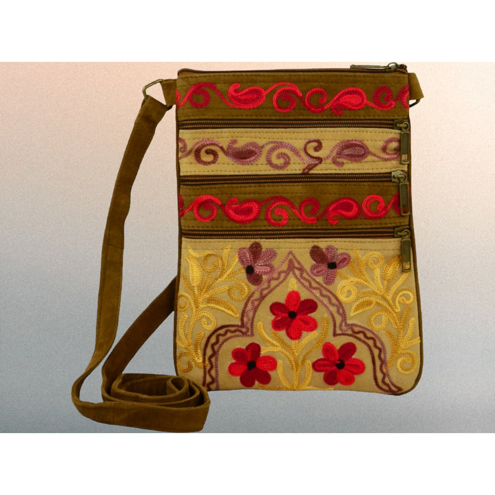 Beige And Red Suede Embroidered Crossbody Bag Image 2