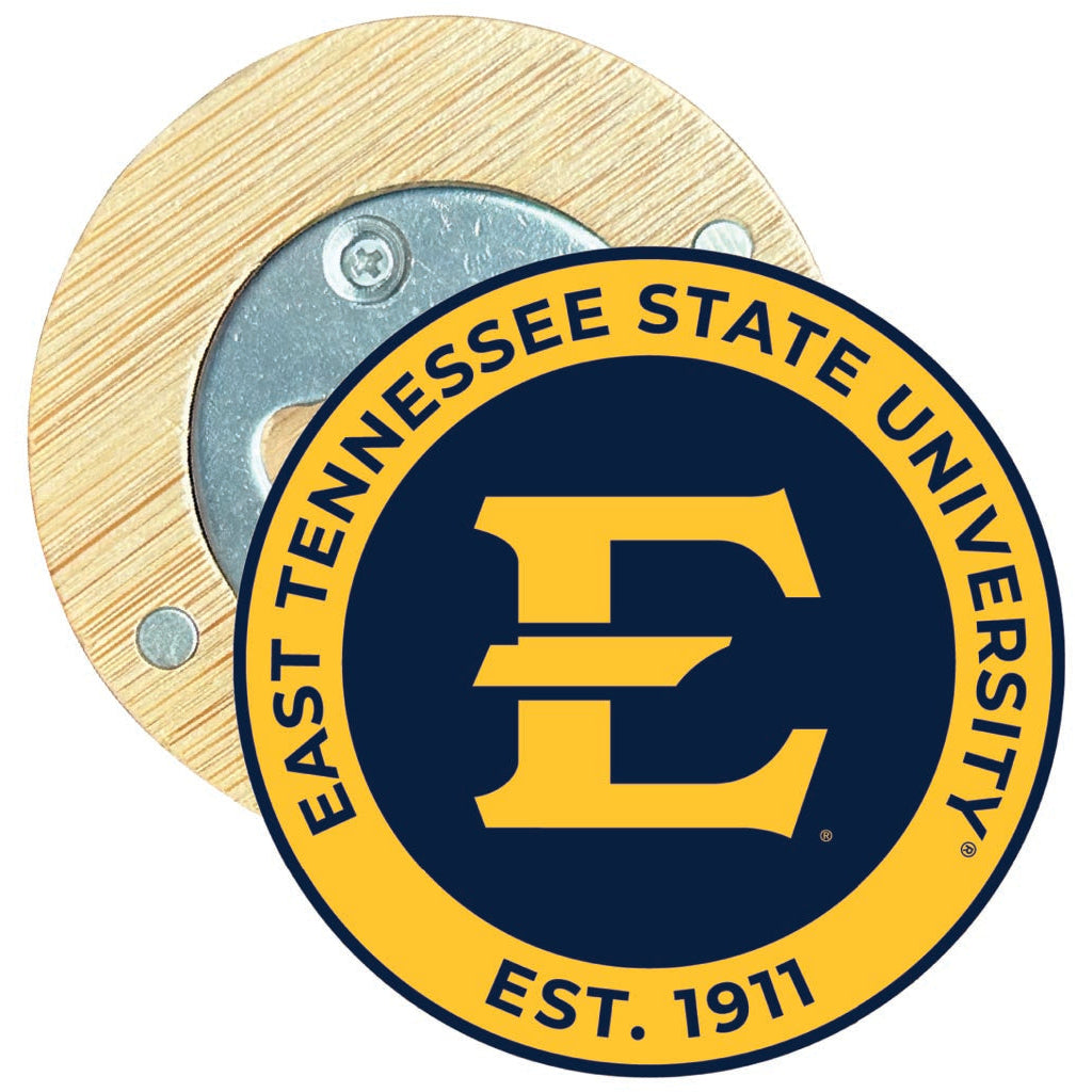 East Tennessee State University Round Wood Magnetic Bottle Opener 2.5" Officially Licensed Collegiate Product Image 1