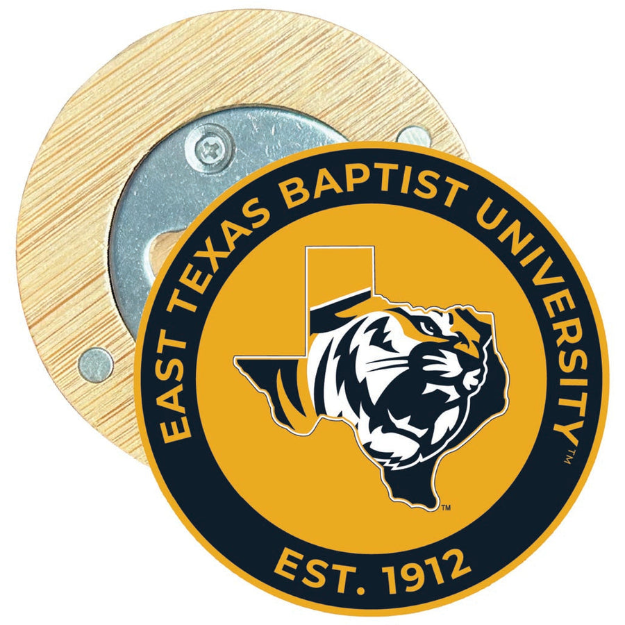 East Texas Baptist University Round Wood Magnetic Bottle Opener 2.5" Officially Licensed Collegiate Product Image 1