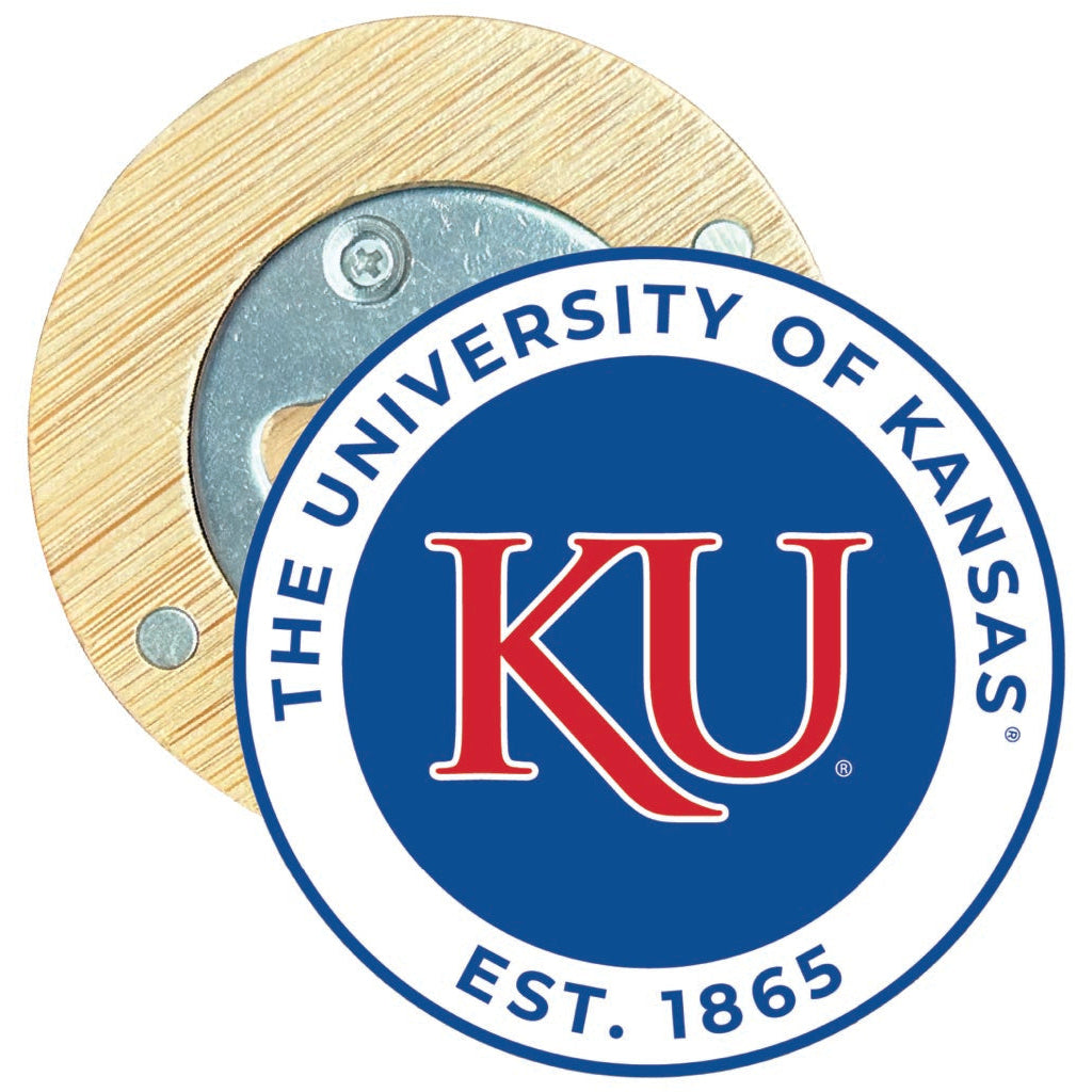 Kansas Jayhawks Round Wood Magnetic Bottle Opener 2.5" Officially Licensed Collegiate Product Image 1