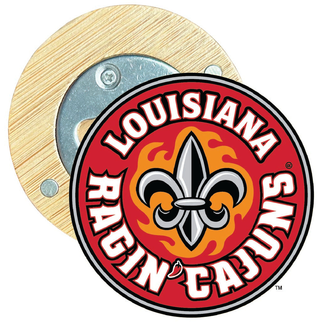 Louisiana at Lafayette Ragin Cajuns Round Wood Magnetic Bottle Opener 2.5" Officially Licensed Collegiate Product Image 1