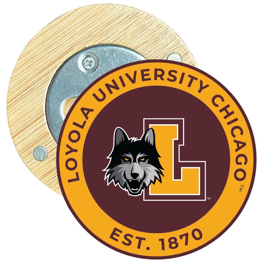 Loyola University Ramblers Round Wood Magnetic Bottle Opener 2.5" Officially Licensed Collegiate Product Image 1