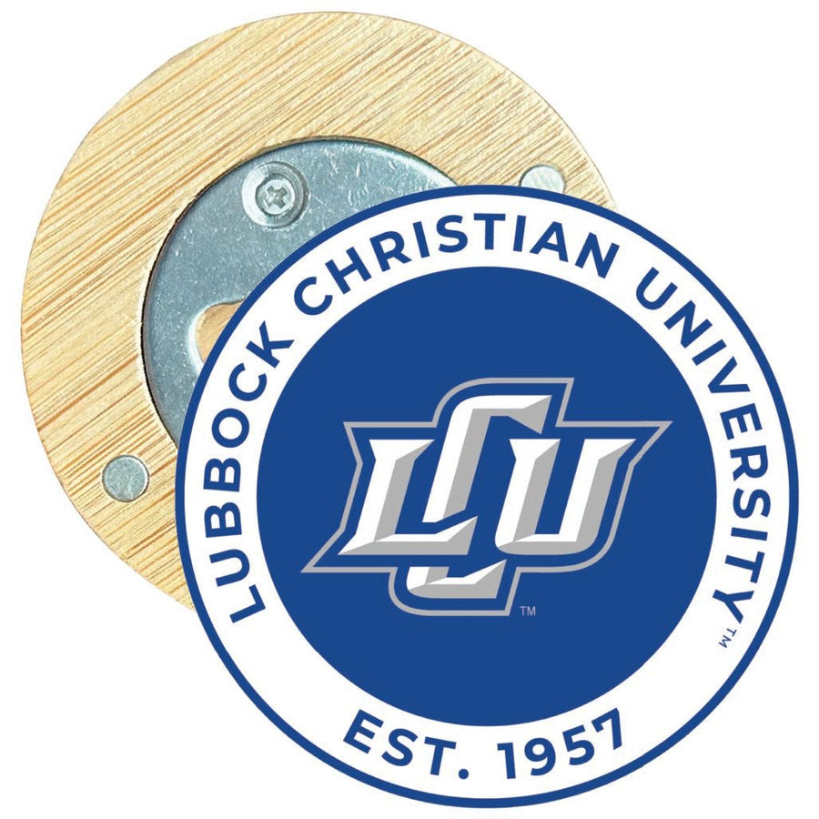 Lubbock Christian University Chaparral Round Wood Magnetic Bottle Opener 2.5" Officially Licensed Collegiate Product Image 1