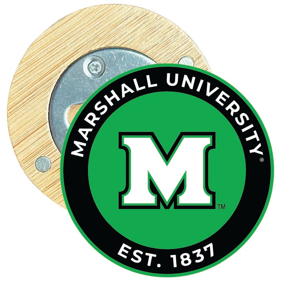 Marshall Thundering Herd Round Wood Magnetic Bottle Opener 2.5" Officially Licensed Collegiate Product Image 1