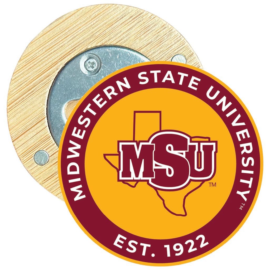 Midwestern State University Mustangs Round Wood Magnetic Bottle Opener 2.5" Officially Licensed Collegiate Product Image 1