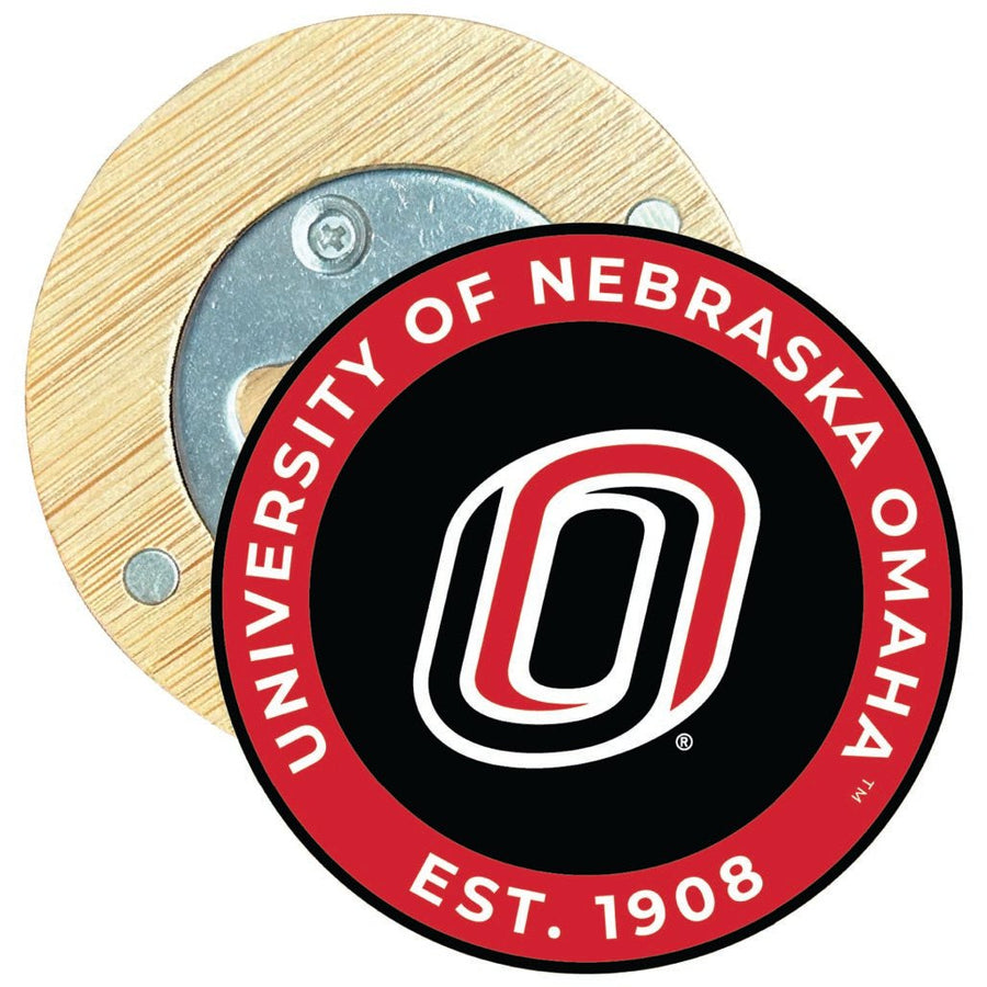 Nebraska at Omaha Round Wood Magnetic Bottle Opener 2.5" Officially Licensed Collegiate Product Image 1