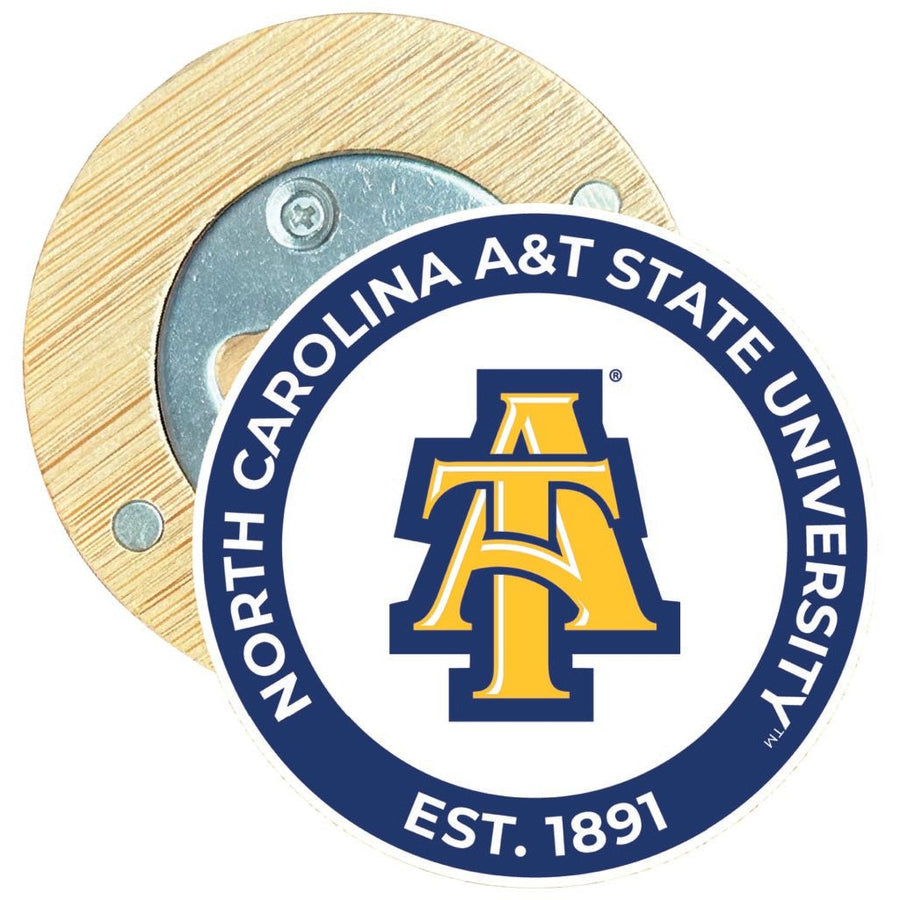 North Carolina AandT State Aggies Round Wood Magnetic Bottle Opener 2.5" Officially Licensed Collegiate Product Image 1