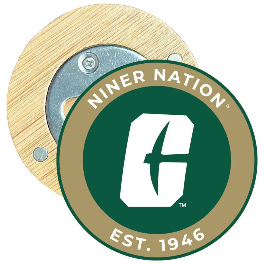 North Carolina Charlotte Forty-Niners Round Wood Magnetic Bottle Opener 2.5" Officially Licensed Collegiate Product Image 1