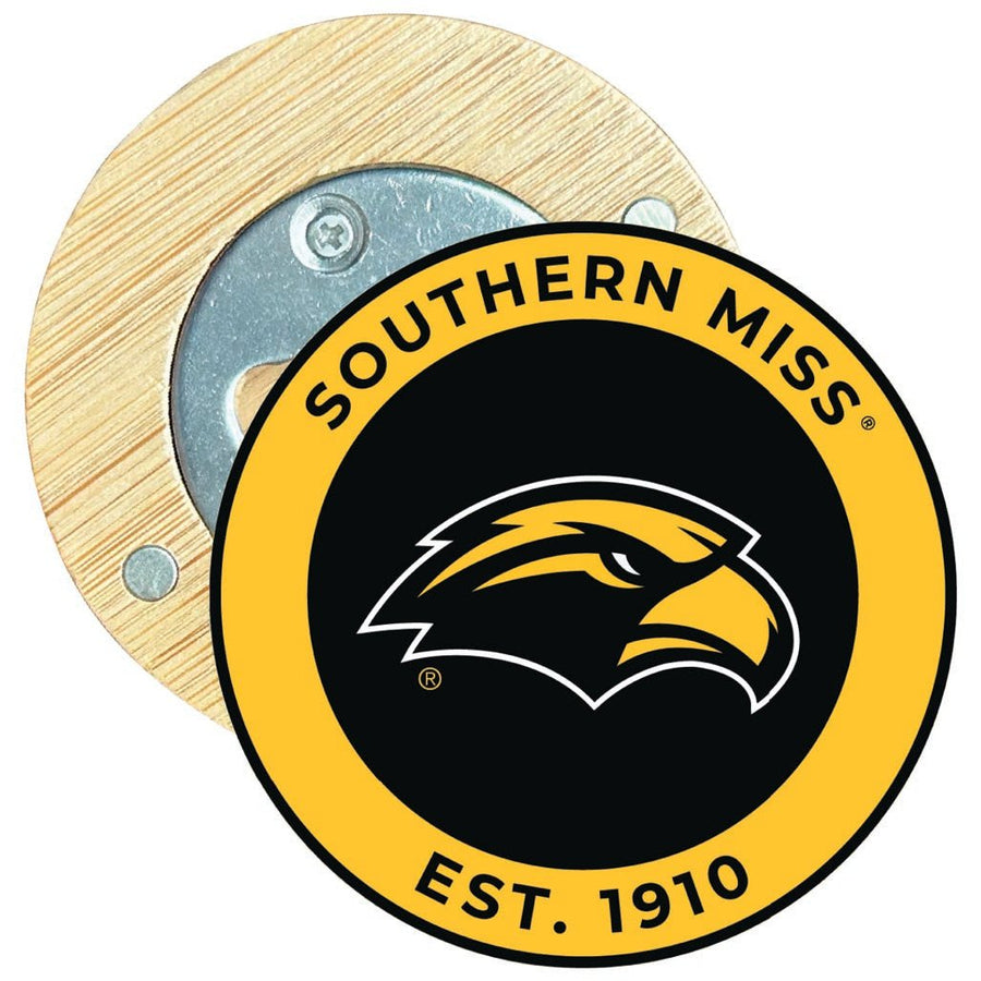 Southern Mississippi Golden Eagles Round Wood Magnetic Bottle Opener 2.5" Officially Licensed Collegiate Product Image 1