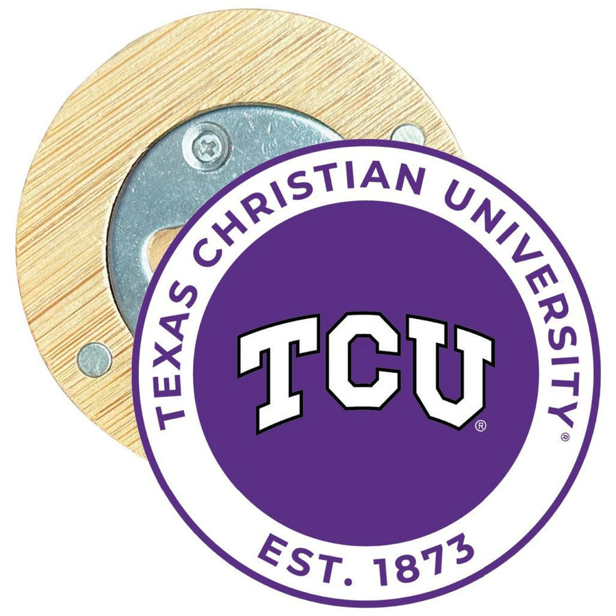 Texas Christian University Round Wood Magnetic Bottle Opener 2.5" Officially Licensed Collegiate Product Image 1