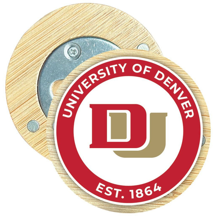 University of Denver Pioneers Round Wood Magnetic Bottle Opener 2.5" Officially Licensed Collegiate Product Image 1