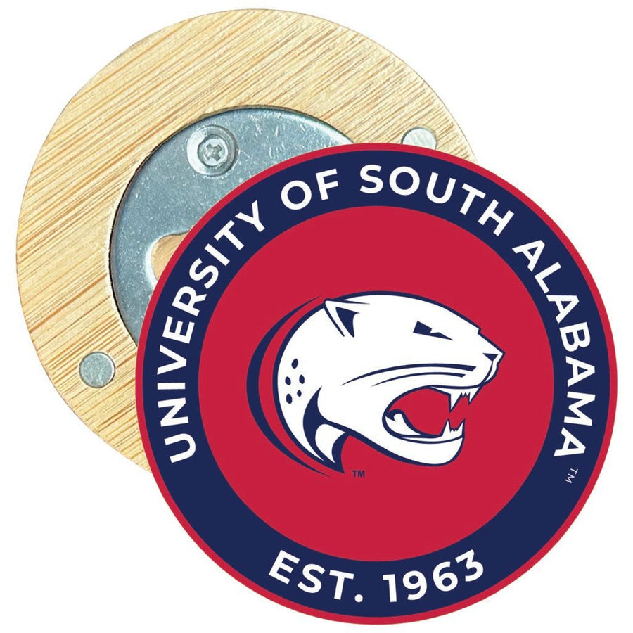 University of South Alabama Round Wood Magnetic Bottle Opener 2.5" Officially Licensed Collegiate Product Image 1