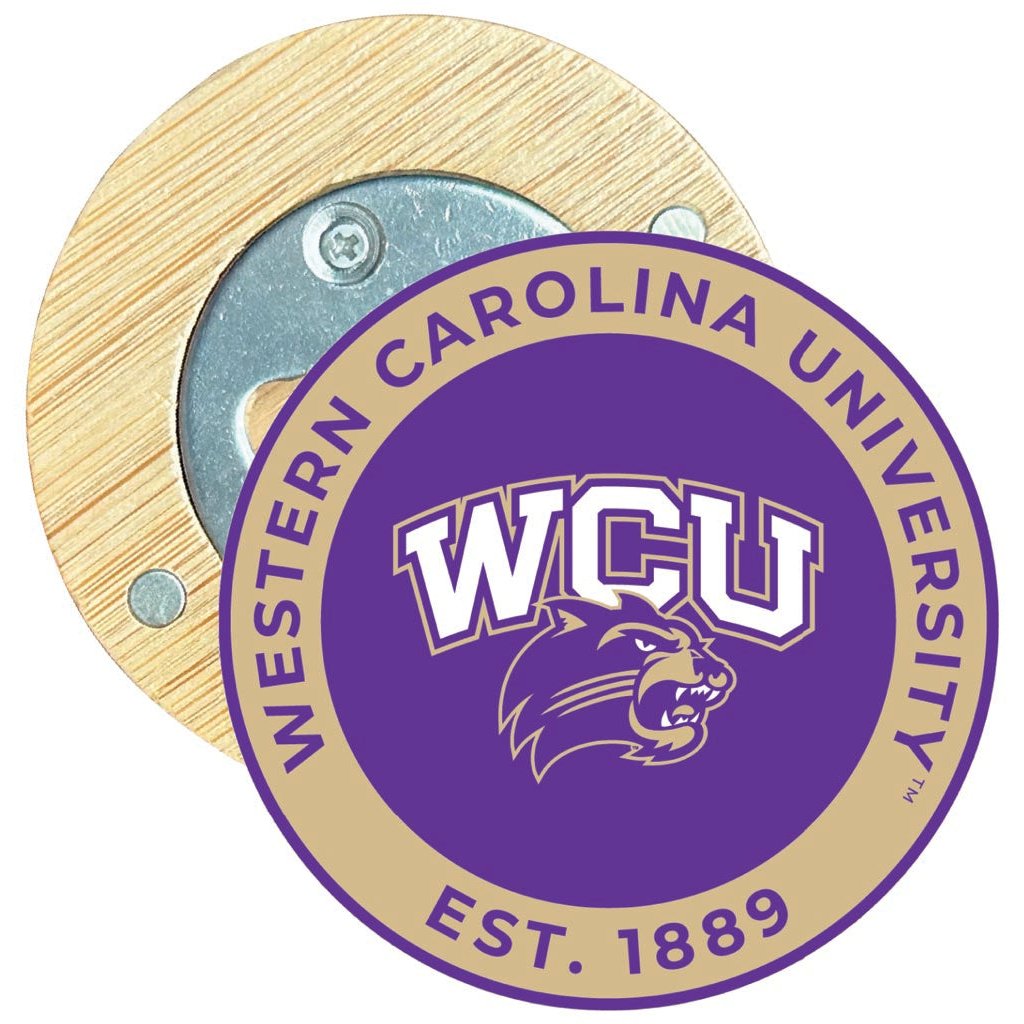 Western Carolina University Round Wood Magnetic Bottle Opener 2.5" Officially Licensed Collegiate Product Image 1