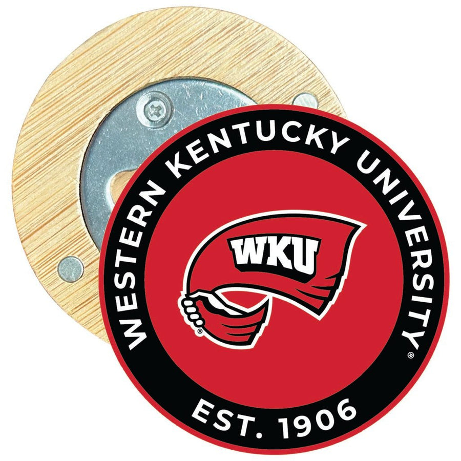 Western Kentucky Hilltoppers Round Wood Magnetic Bottle Opener 2.5" Officially Licensed Collegiate Product Image 1