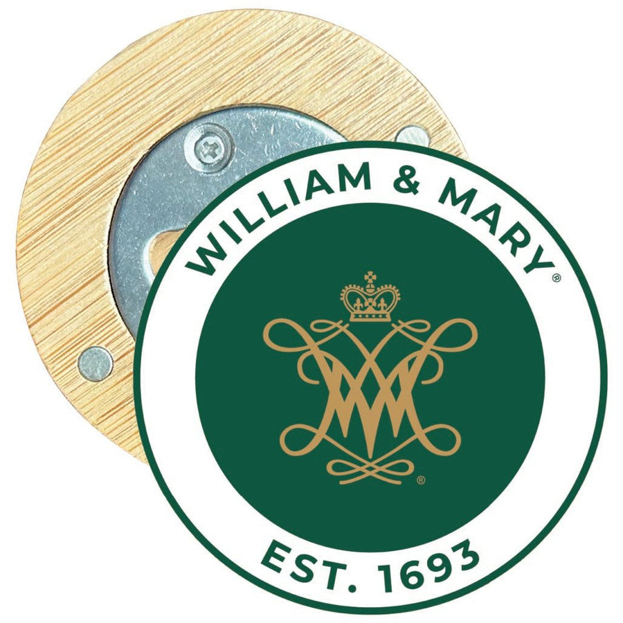 William and Mary Round Wood Magnetic Bottle Opener 2.5" Officially Licensed Collegiate Product Image 1