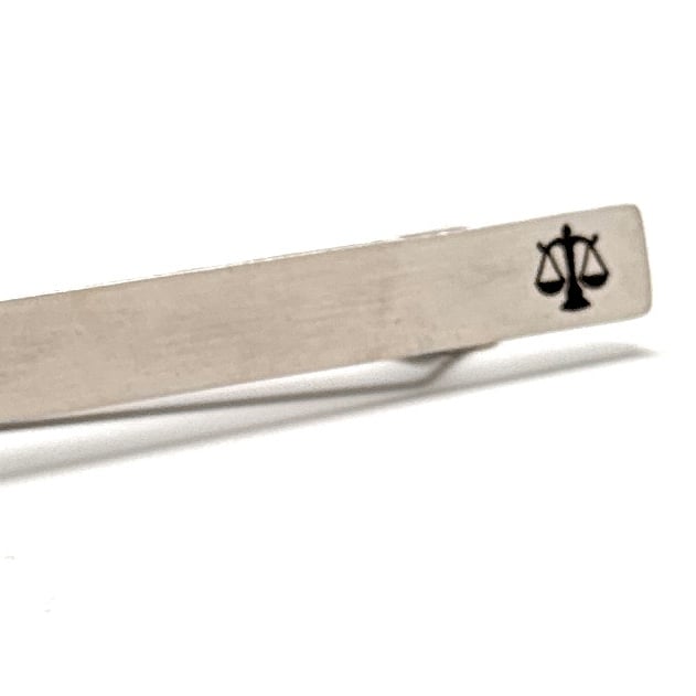 Lawyer Gift Tie Bar Stainless Steel Embossed Scale of Justice Black Enamel Tie Clip Judge Gift Husband Gift Law Student Image 1