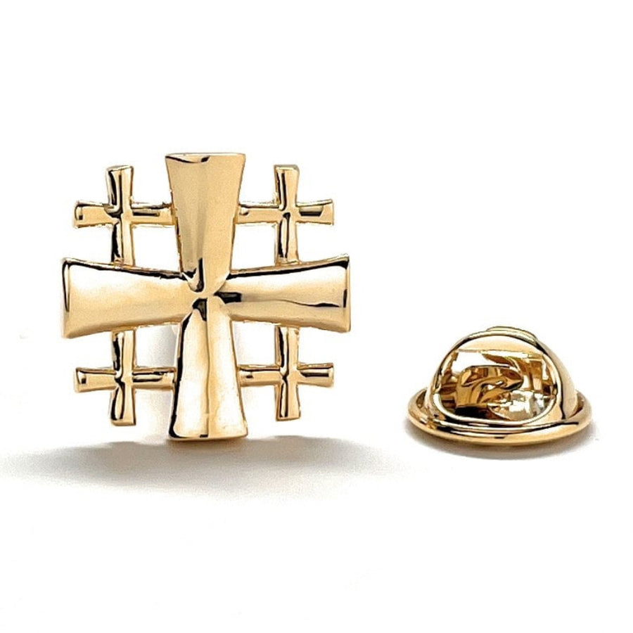 Jerusalem Cross Lapel Pin Cut Out Design 3D Five-Fold Cross Christian Gift Gold Platted Cross Enamel Pin Catholic Brooch Image 1