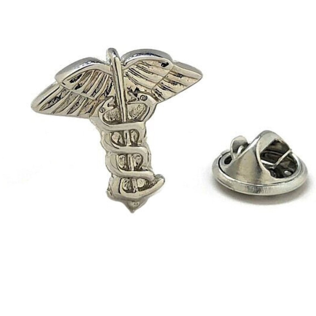 Silver Caduceus Lapel Pin Medical Doctor Symbol Cuff Links 3D Design Enamel Pin Image 1