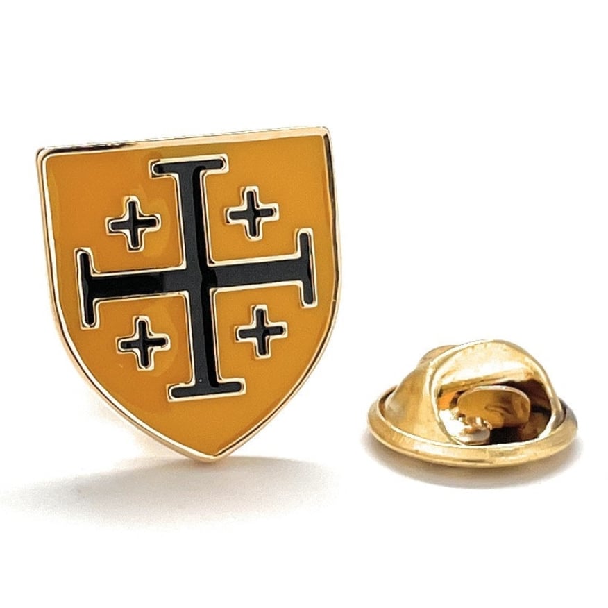 Lapel Pin Crusaders Shield Emblem Cross Pin Yellow and Black Enamel Pin Gold Trim Jerusalem Cross Five-Fold Cross Tie Image 1