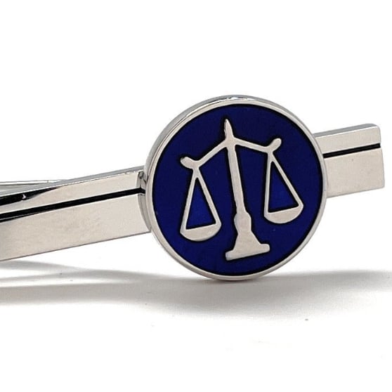 Scale of Justice Tie Clip Lawyer Gift Silver Platting with Blue Enamel Tie Bar Judge Legal Profession Attorney Law Image 1