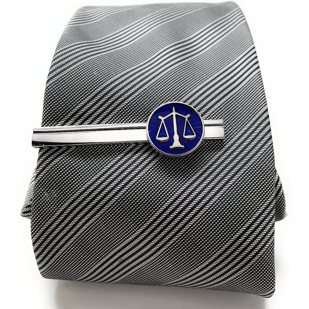 Scale of Justice Tie Clip Lawyer Gift Silver Platting with Blue Enamel Tie Bar Judge Legal Profession Attorney Law Image 2