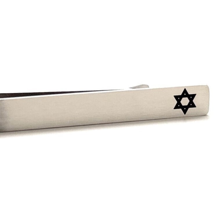 Star of David Tie Clip Religious Gift Stainless Steel Black Embossed Shield of David Image Enamel Tie Bar Fathers Day Image 1